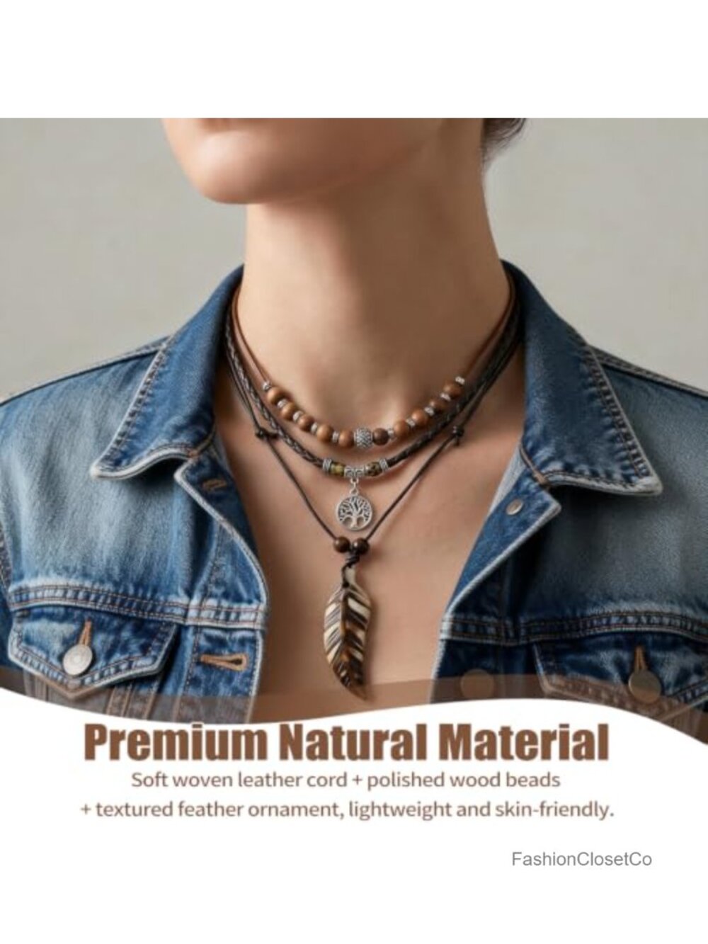 3-Layer Boho Beaded Necklace Leaf Fishbone Pendant Western Style - Picture 4 of 6